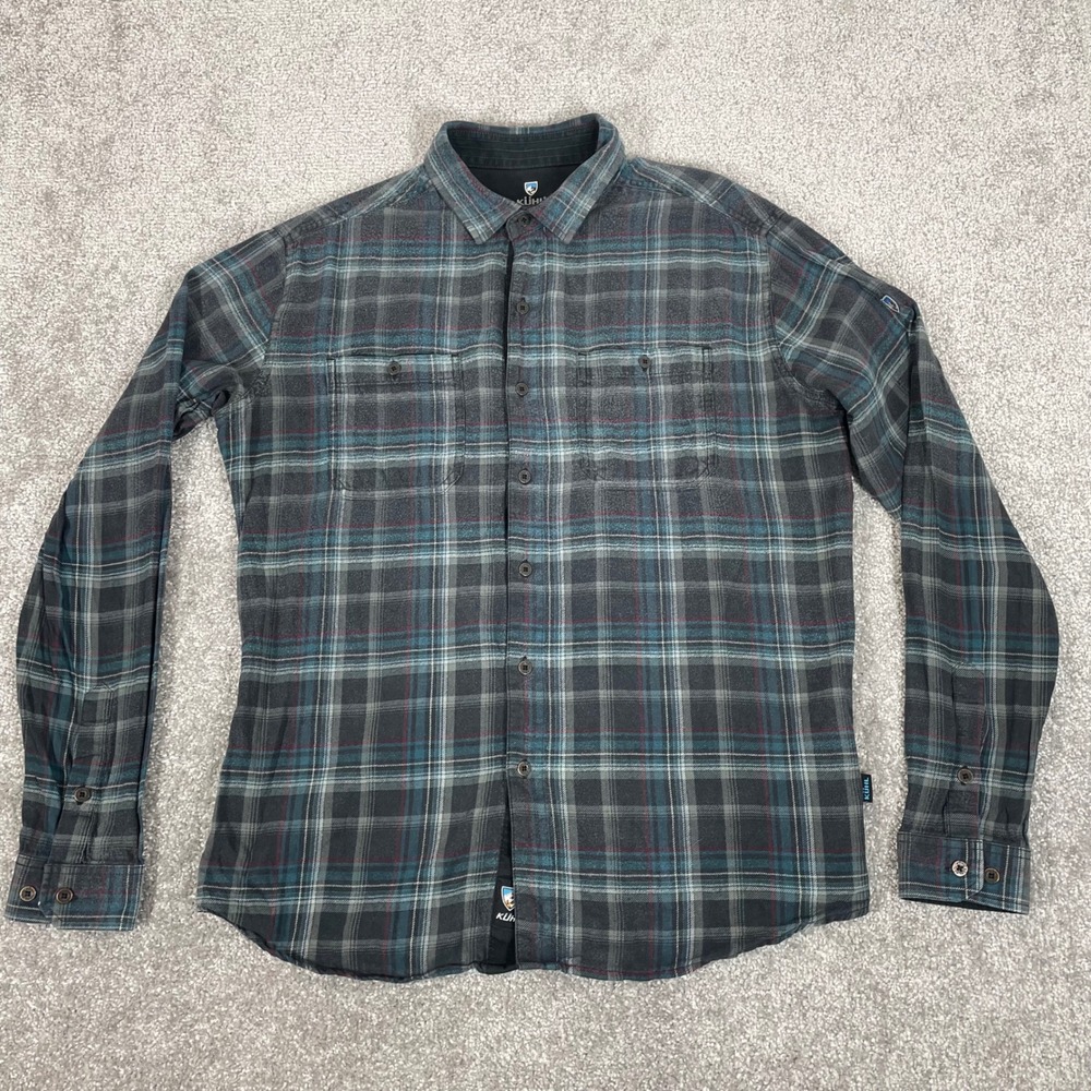 Kuhl Flannel Shirt Mens Medium Fugitive Plaid Button Cotton Tencel Soft Stretch
